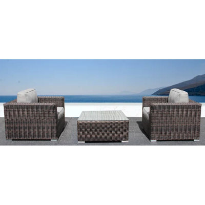 2 Seating With Cushions. Outdoor Relaxation Furniture. Includes 2 Chairs, Coffee Table Tempered Glass. Powder-Coated Aluminum Frame, All-Weather . Cushions In Various Hues. Foam-Filled For Comfort.