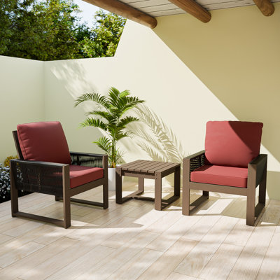 Ensemble de conversation 3 pièces pour chaise longue d'extérieur en bois de cèdre brun avec coussins épais en oléfine et table basse