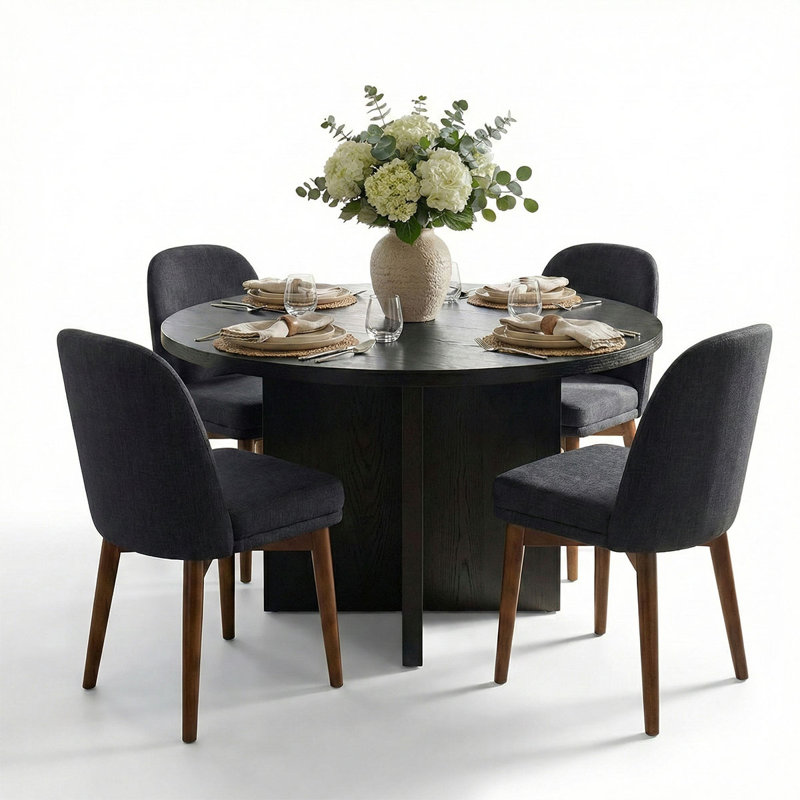5-Piece Dining Set for 4 with 52" Round Black Dining Table and 4 Upholstered Dining Chairs, Charcoal