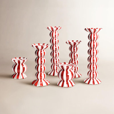 Red Stripe Ruffle 6-Piece Candlestick Set