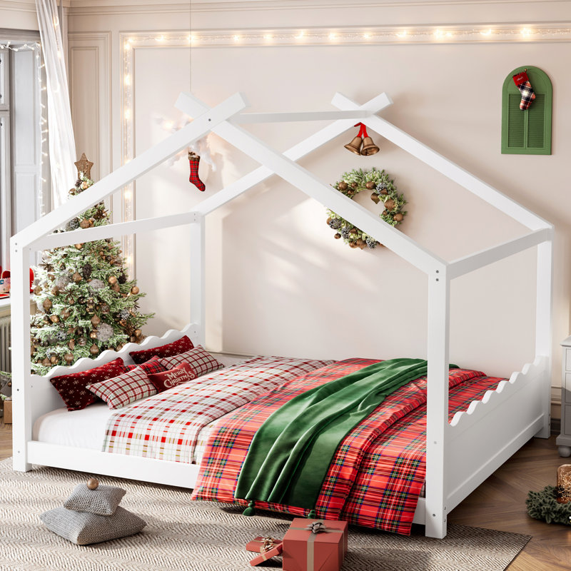 Queen House Floor Bed with Support Slats, Solid Wood Frame, No Box Spring Needed, and Open Construction for Safety and Imagination