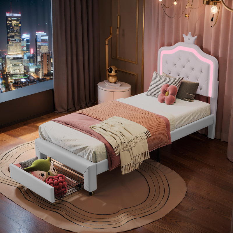 Single Bed with Drawer Storage and LED Headboard, PU Leather Bed Frame with Crown Cloud Design, 90×190, White
