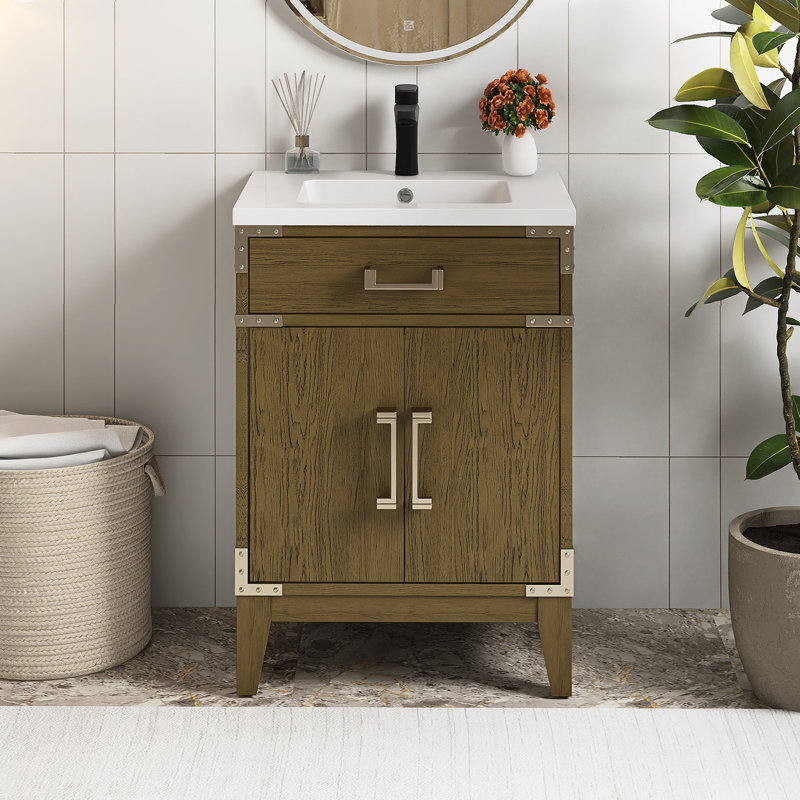 Meuble-lavabo autoportant en contreplaqué 24 po en chêne gris avec plateau blanc
