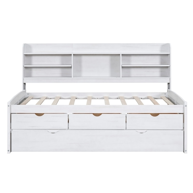 Twin Size Wooden Captain Bed With Built-In Bookshelves,Three Storage Drawers And Trundle