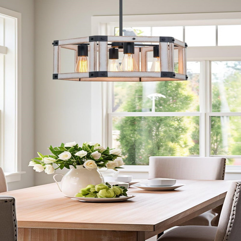 20" 4-Light Farmhouse Pendant Chandelier + Hexagonal Open Design, White Ash Wood Style + Black Finish, White Ash