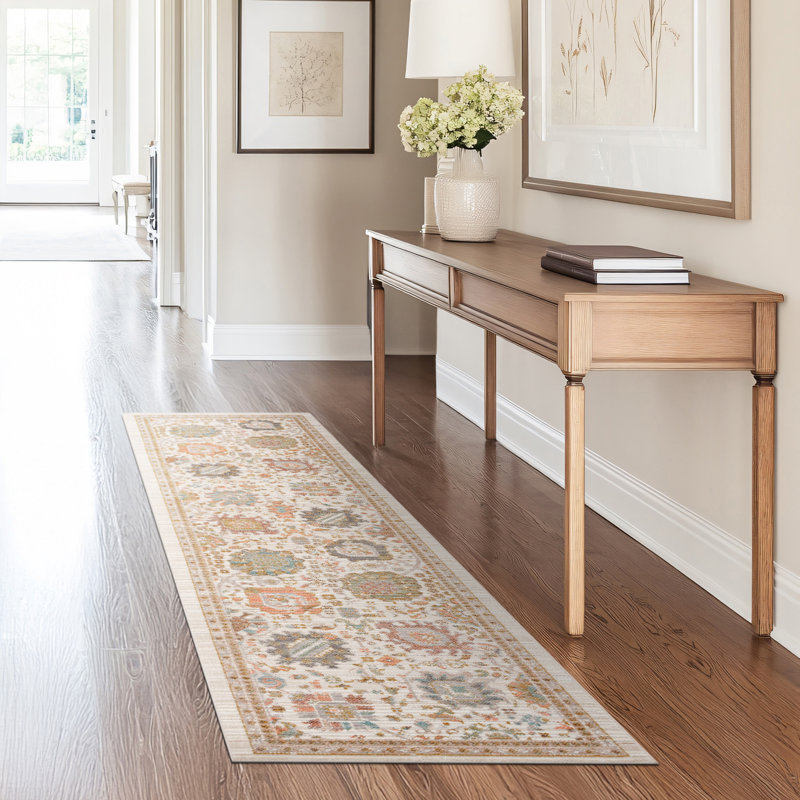 Gurpaige Traditional Oriental Cream Polyester Area Rug, Runner 2' x 8'