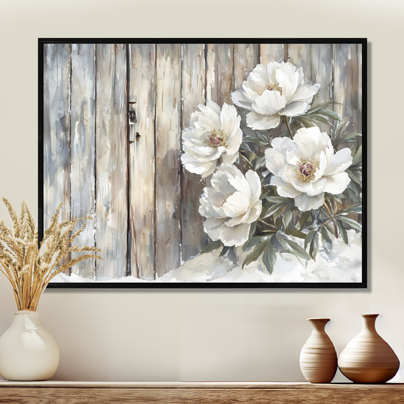 Pe pivoines par la porte de grange glacée - pivoines encadrées, H 30 po x l 40 po, Reproduction avec cadre flottant, Noir