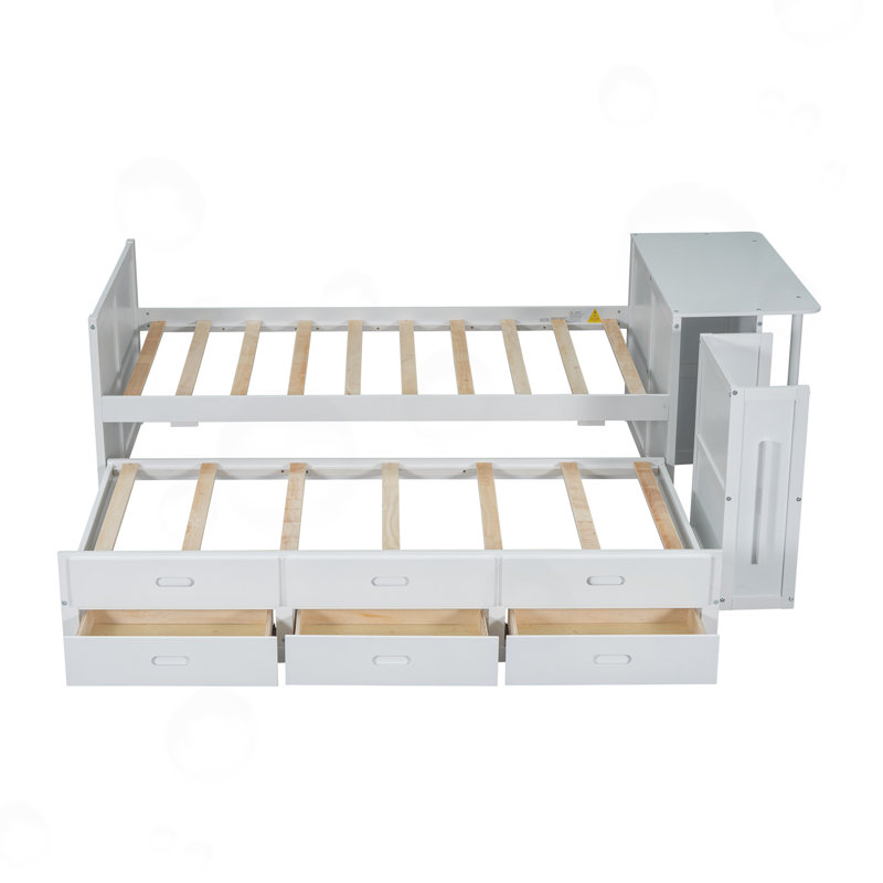Lit simple de taille double avec bureau, tablette de rangement, lit gigogne et 3 tiroirs, Blanc
