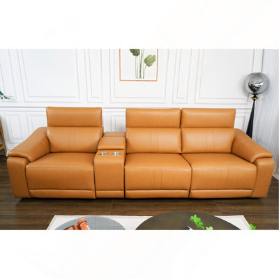 Canapé d'angle 3 places inclinable électrique avec appuie-tête réglables, console de rangement et ports USB, revêtement en cuir respirant
