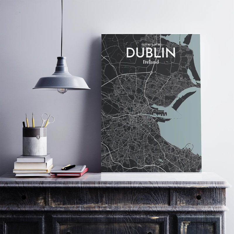 «Dublin City Map», impression de luxe, Gris / noir, H 27,6 po x l 19,7 po
