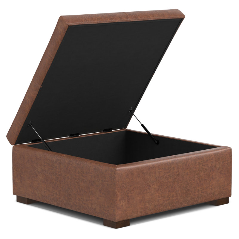 Gabbie 36"W Upholstered Vegan Leather Contemporary Square Lift-Up Coffee Table Storage Ottoman with Hidden Storage, Brown