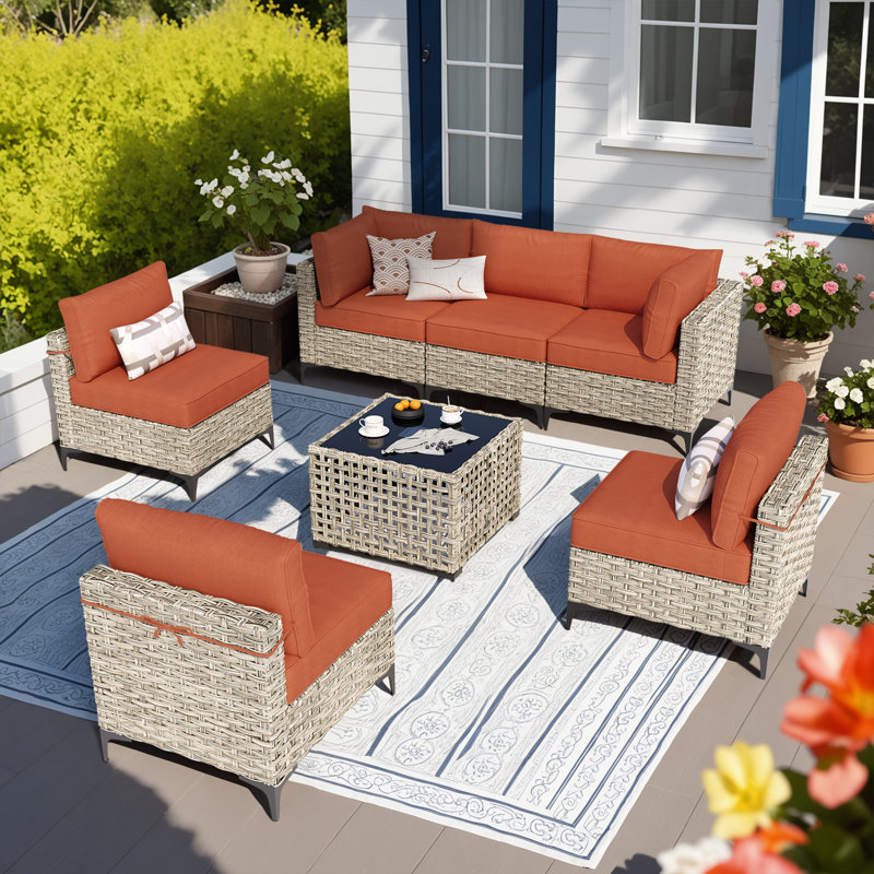6 - Person Outdoor Seating Group With Cushions, Red Glass