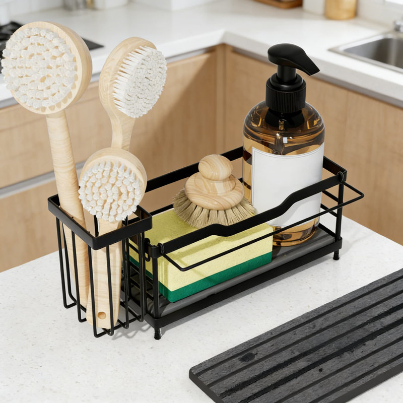 Organisateur de bac d'évier avec plateau de séchage, organisateur de comptoir de cuisine et de salle de bain polyvalent pour éponge, savon, brosses et serviettes, fabrication en acier inoxydable durable