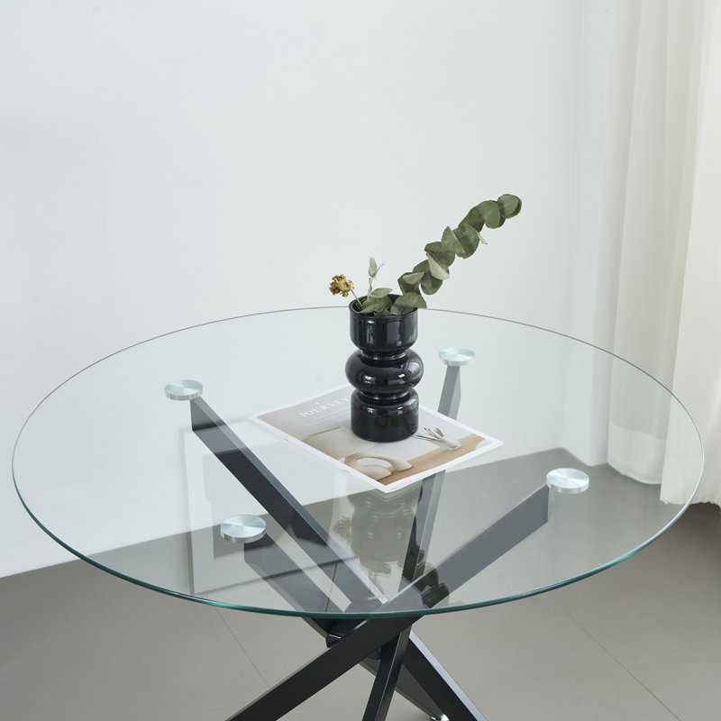 Modern 47" Round Dining Table for 4 6 People, Glass Kitchen Dining Room Table with Metal Cross Legs, Space Saving Circle Dinner Tables for Dining Room, Kitchen, Living Room