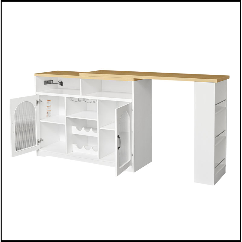 Îlot de cuisine avec plateau de table extensible, support à vin, éclairage DEL et prise de courant, Naturel + blanc
