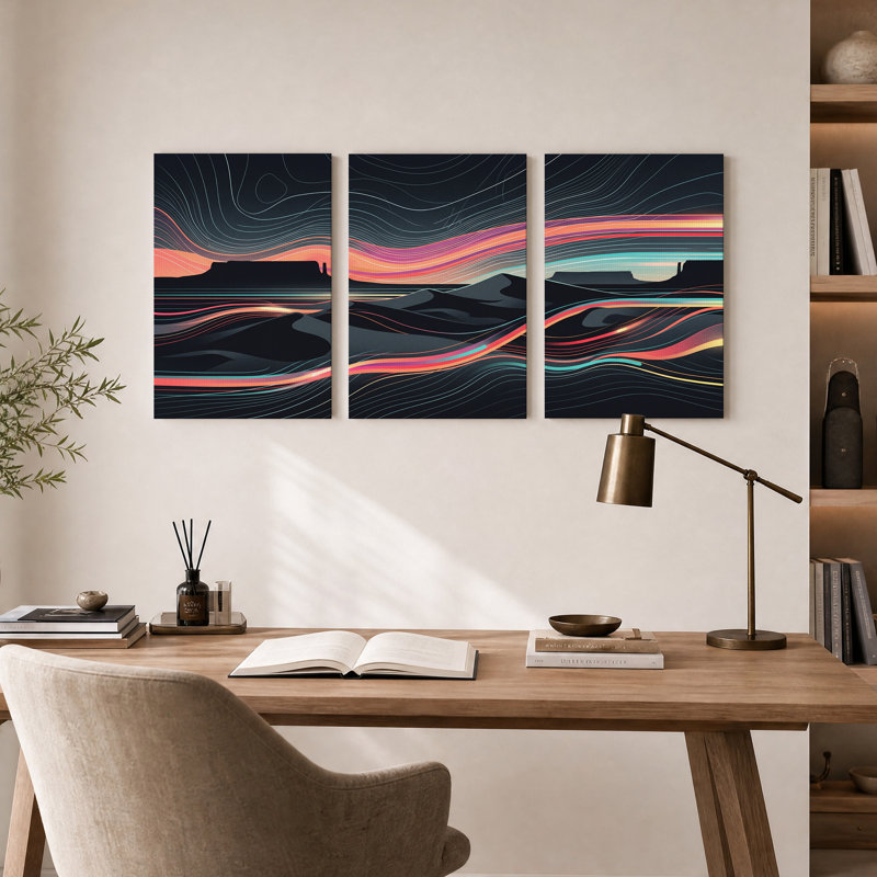 Ensemble de 3 toiles murales représentant des lignes de néon fluides sur un paysage de mesa désertique, 18"H x 12"W x 3pcs