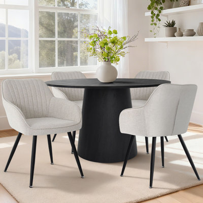 5-Piece Modern Round Dining Set With Black Pedestal Table And Upholstered Armchairs