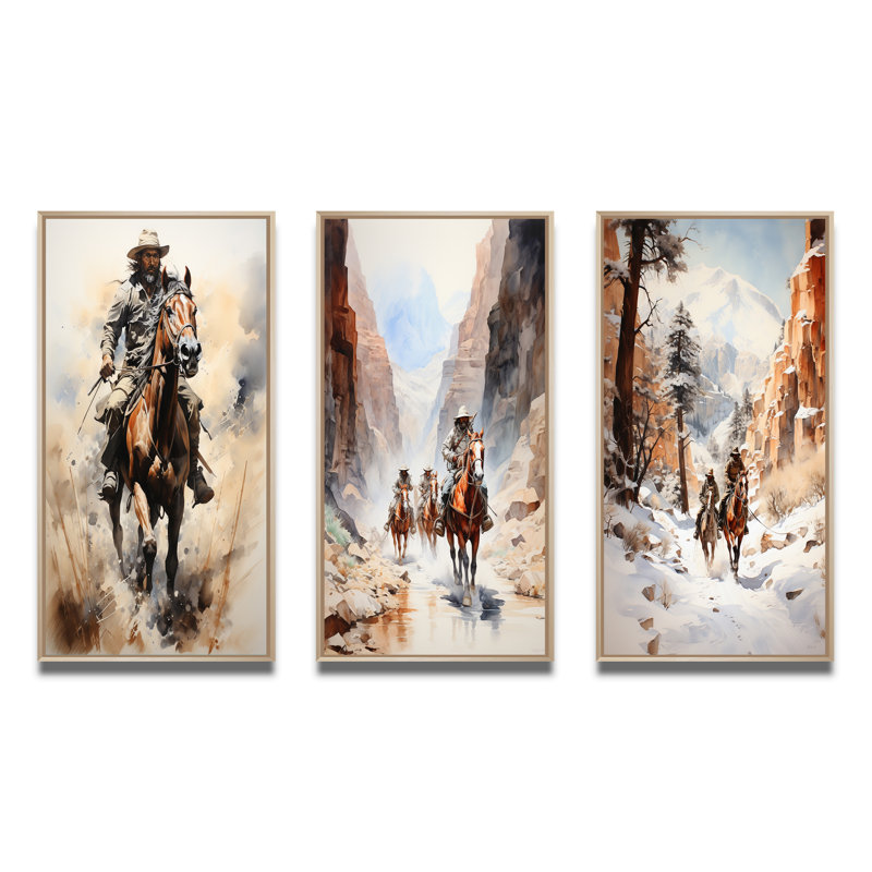 «Cowboy Prairie Wind», 3 pièces, H 20 po x l 36 po, Encadré naturel