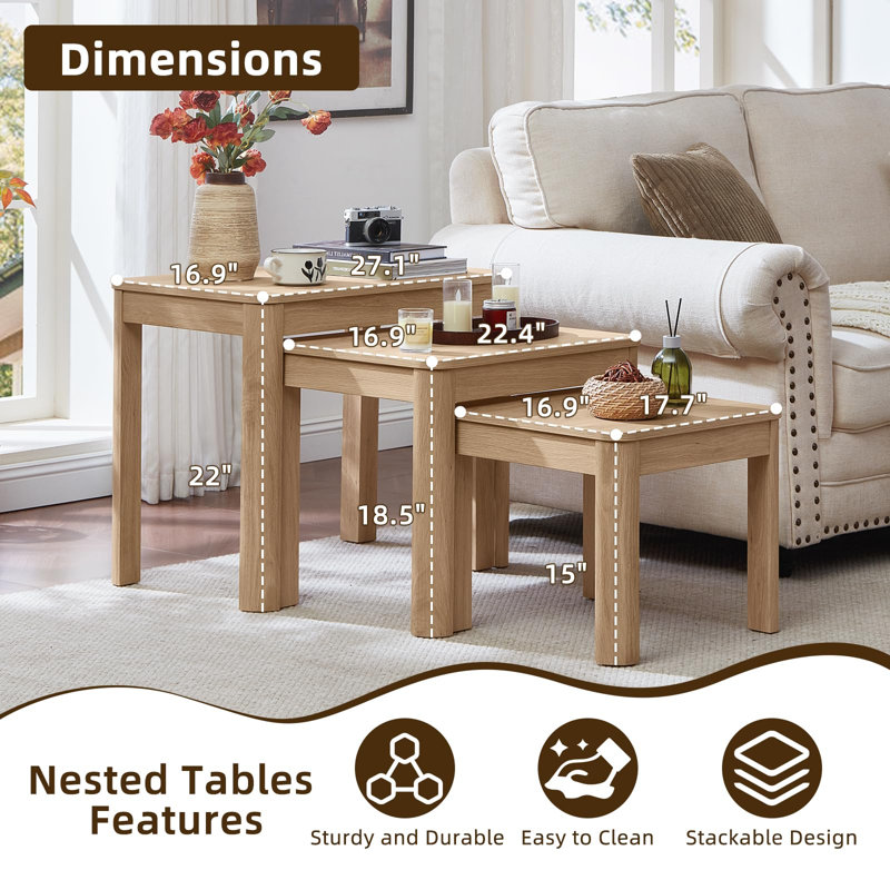 Farmhouse Nesting Tables Set of 3, Living Room Table Set with Rounded Corners & 4 Thickened Table Legs, Natural