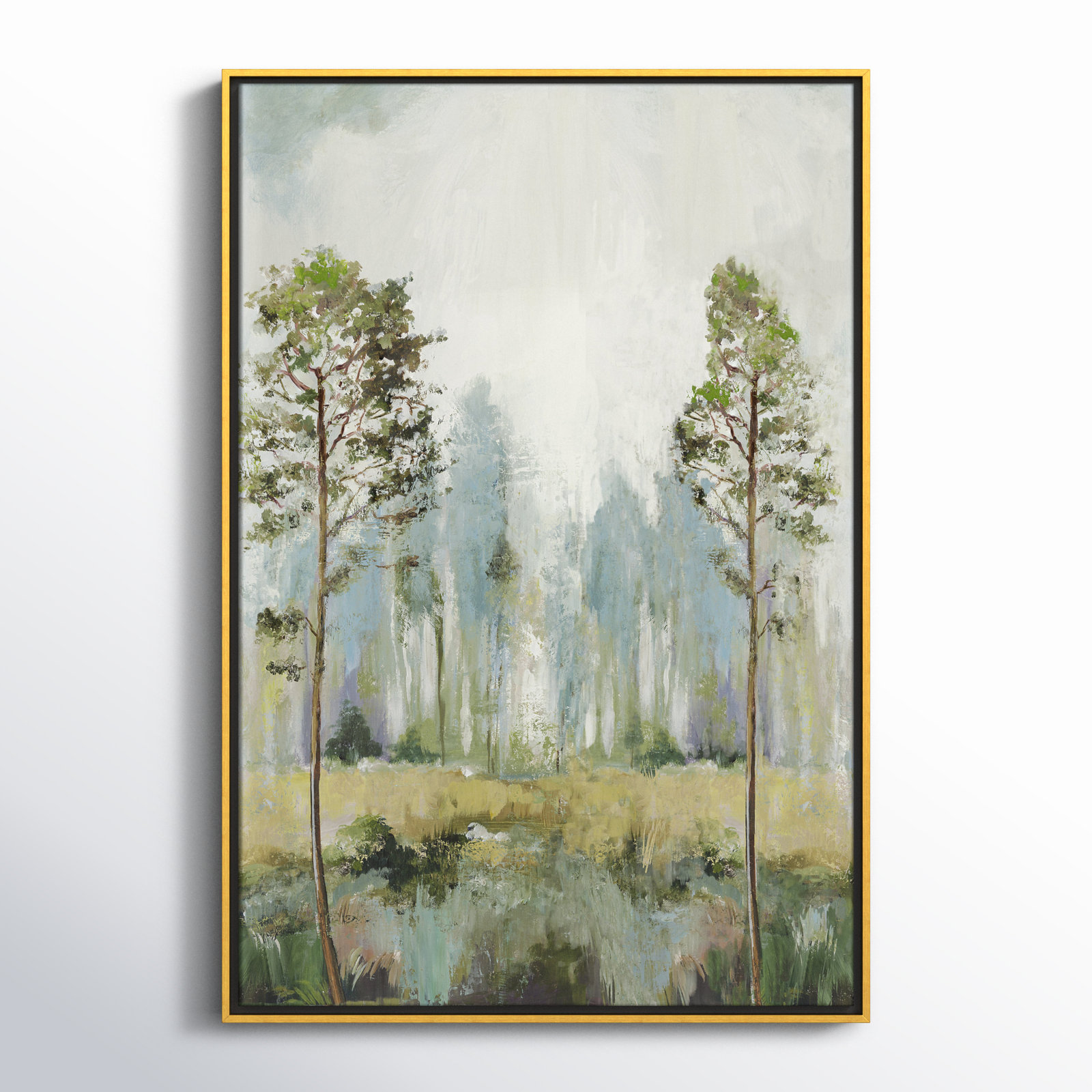 Tall Green Trees II by Teton Pearce - Floater Frame Print on Canvas, 37.5" H x 25.5" W, Gold