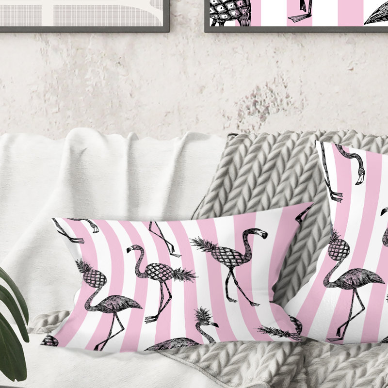 Flamant rose sur coussin rose moderne Mid-Century