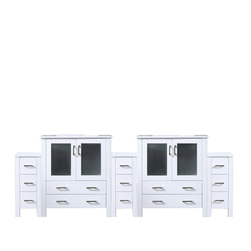 Meuble-lavabo double blanc 96 po X P 18,25 po D, avec armoires latérales et plateau en céramique blanche, Blanc
