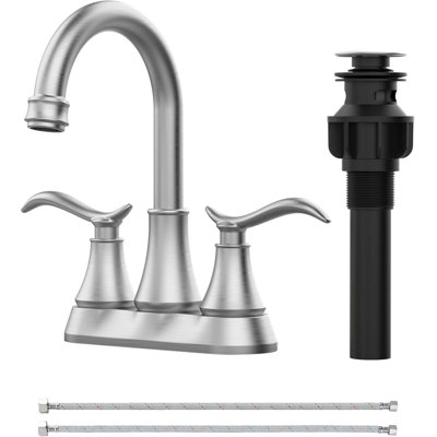 Bathroom Faucet With Pop-Up Drain & Supply Hoses 2-Handle 360 Degree High Arc Swivel Spout Centerset 4 Inch Vanity Sink Faucet