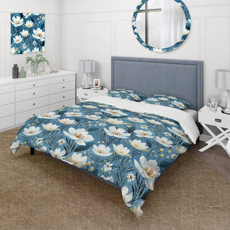 Blue Coastal Harmony Floral Pattern VIII - Ensemble de housse de couette à motif floral