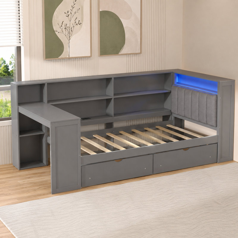 Lit plateforme en bois gris, bureau de chargement avec tiroirs de rangement, Gris, Lit simple