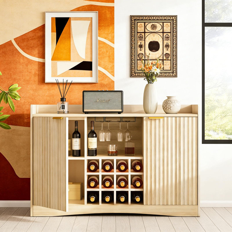 Armoire à vin 47 po cannelée - rangement pour 12 bouteilles et 9 verres, buffet pour le salon, la salle à manger, la station café