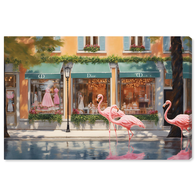 Flamingo Plaza Wrapped Canvas Wall Art in Pink and Green