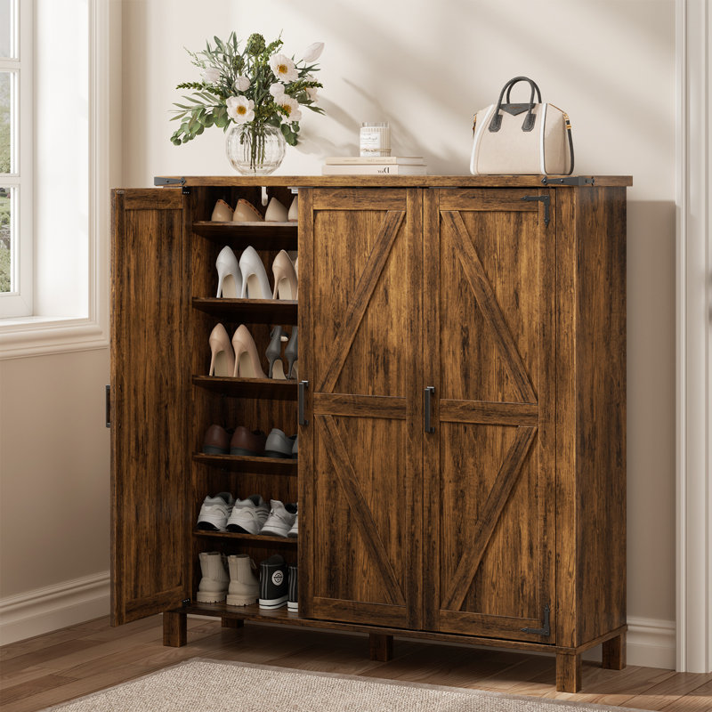 46'' Farmhouse Shoe Storage Cabinet with 3 Doors, Large Capacity Entryway Organizer with Adjustable Shelves for 28+ Pairs