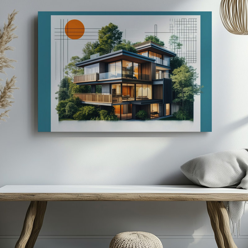 Toile d'une maison moderne à plusieurs niveaux parfaitement intégrée avec une verdure luxuriante avec de grandes fenêtres en verre qui reflètent un art mural sur toile chaleureux