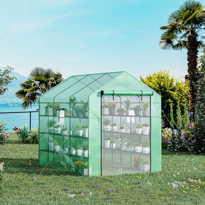 Outsunny Walk-In Greenhouse With Mesh Door And Windows, 18 Shelf Green House With Trellis, Plant Labels, UV Protective For Growing Flowers, Herbs, Vegetables, Saplings