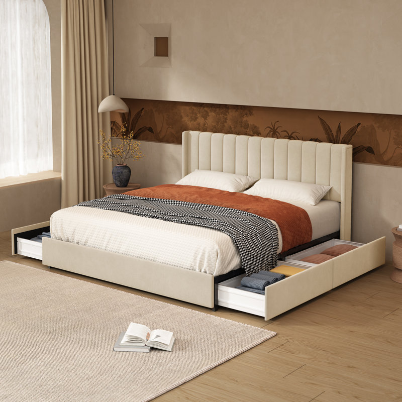 Jeilyn Upholstered Platform Drawer Storage Bed, King, Cream