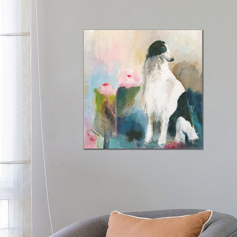 «My Borzoi in My Garden» par Connie Collum, reproduction d'art sur toile tendue, H 12 po x l 12 po x P 0,75 po
