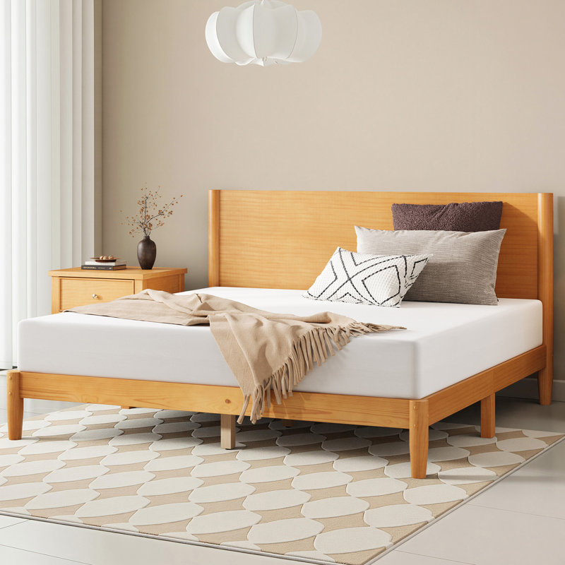 Mid Century Solid Wood Platform Queen Bed Frame With Wood Slat Support, Natural, Natural, Queen