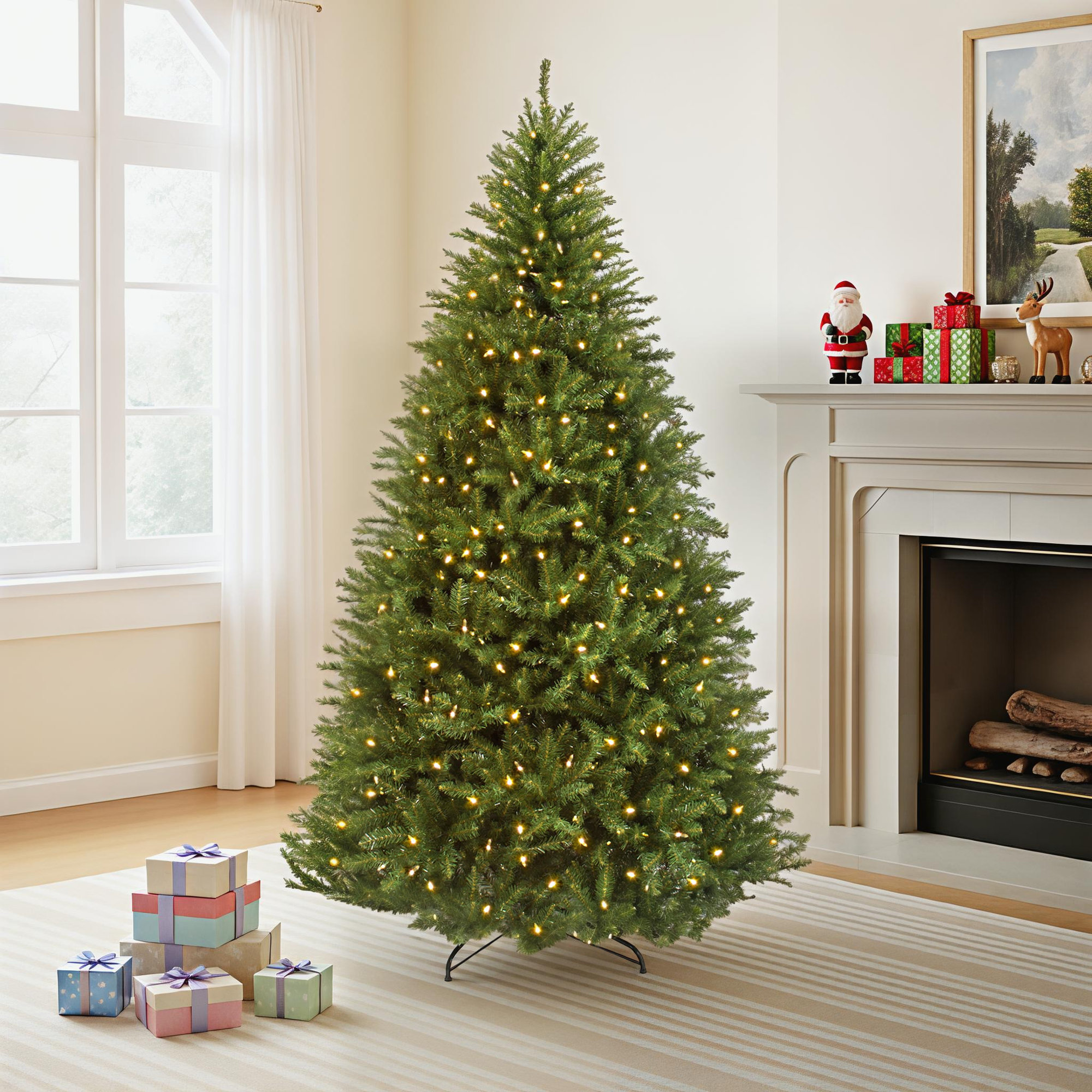 Pre-Lit Hinged Douglas Full Fir Artificial Christmas Tree Holiday Decoration, 7.5'