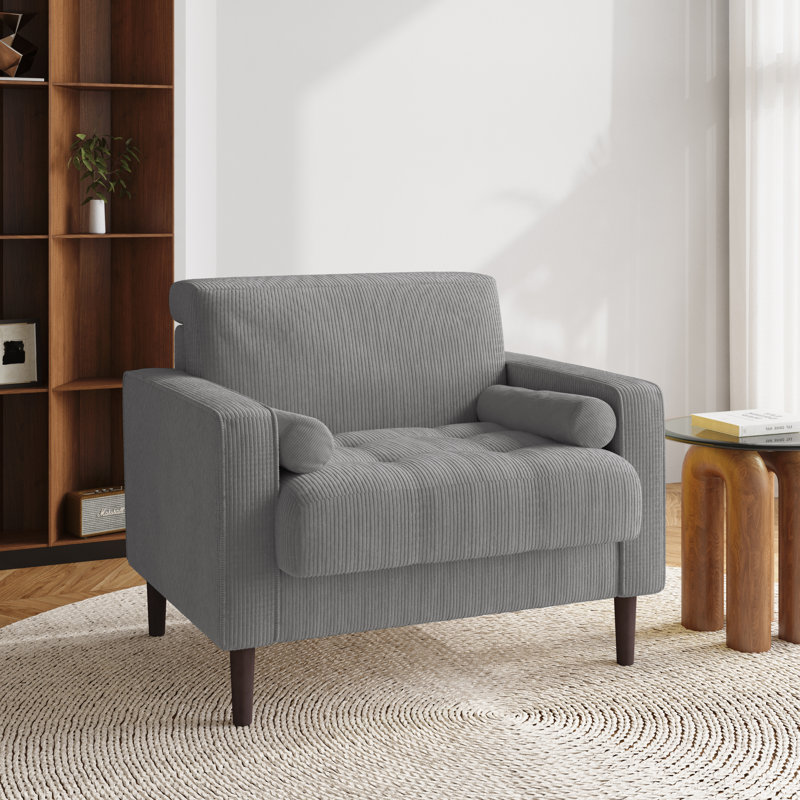 Iliana Upholstered Light Gray Corduroy Square Arm Tufted Club Chair with 2 Pillows, Light Grey Corduroy
