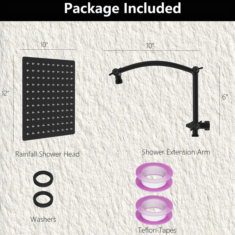 All-Metal Rainfall Shower Head – 12-Inch High-Pressure Square Shower Head With 16-Inch Adjustable Solid Brass Extension Arm, Waterfall Fixed Mount Shower System