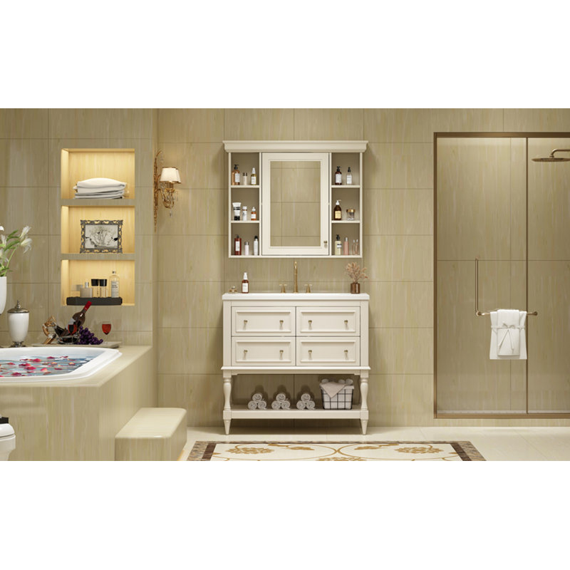 Meuble-lavabo de 36 po avec armoire à pharmacie, armoire à miroir moderne avec tablette réglable, armoire de rangement pour salle de bain à 4 tiroirs, armoire de rangement avec cadre en bois massif