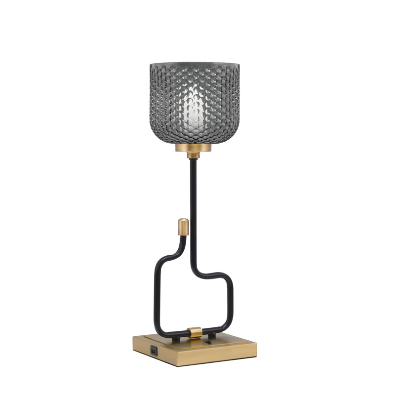 Lampe décorative Amarmula, avec ports USB, fini noir mat et laiton vieilli, verre texturé fumé 6 po, Doré, Transparent/noir