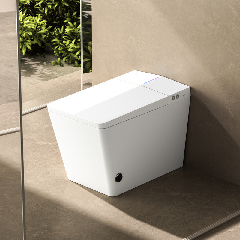 Modern Square Toilet With Embedded Tank - Remote Operated, Auto Flush, Heated Seat, Led Interface, User Customizable Options, White Finish Smart Mounted For Bathroom Control, Automatic Warm Display,