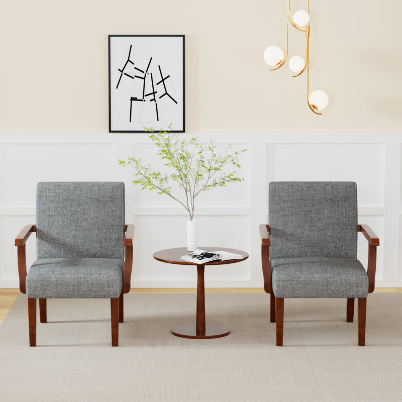 Ensemble de 2 fauteuils d'appoint en tissu avec table ronde en bois, Tissu gris
