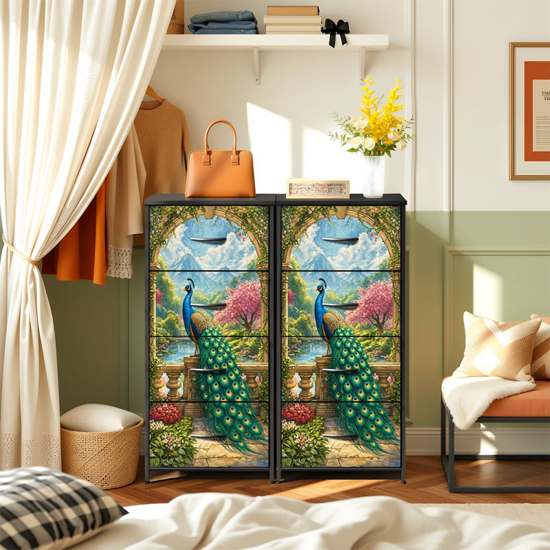 Commode pour chambre à coucher avec 4 tiroirs de rangement Spring Decor Peacock Garden Scenic Mountains Blossoming Trees Commodes