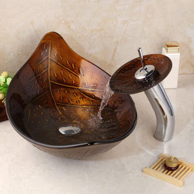 Bathroom Vessel Sink Combo Tempered Glass Leaf Shape Bowl Chrome Waterfall Faucet Pop Up Drain Set