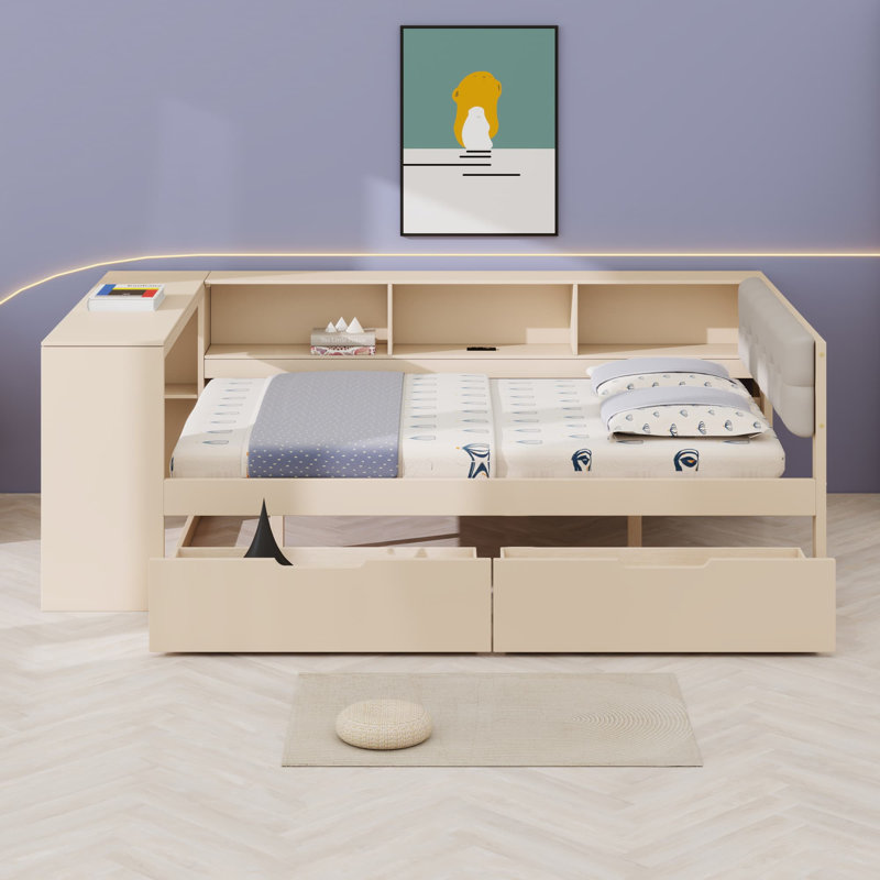 Lit plateforme avec tablettes de rangement et tiroirs, Crème, Lit double