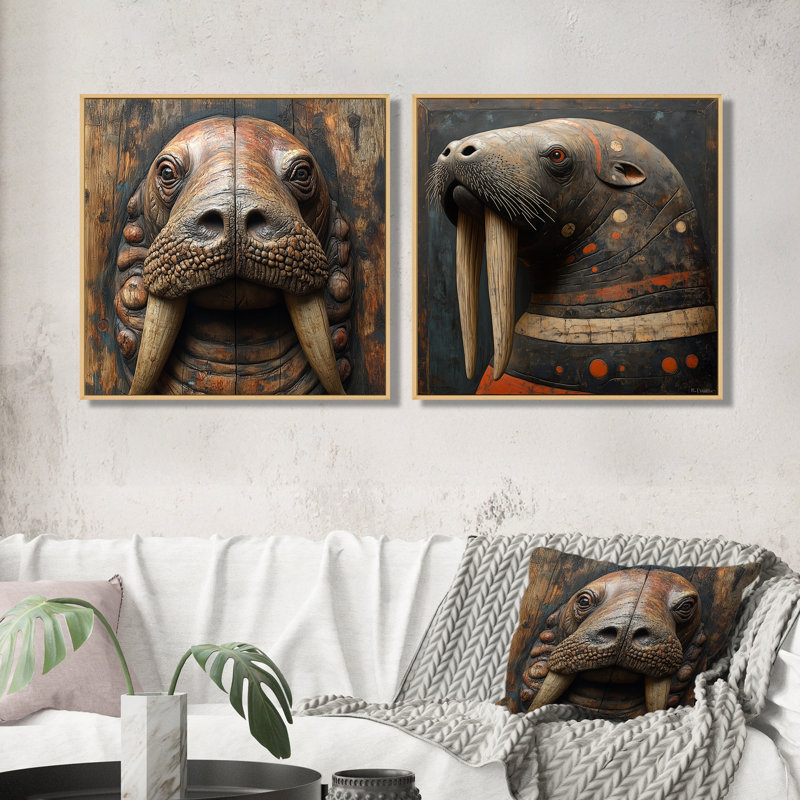 Morse inuit en tons de brun I - art mural morse - art mural moderne sur toile 2 pièces, H 36 po x l 73 po, Crème, crème