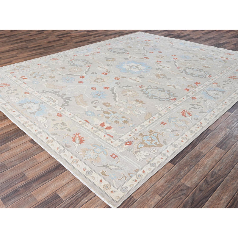 Tapis oriental gris 9 pi 3 po x 11 pi 10 po Oushak avec poils zéro, cisaillé à la main, mince et court, 100% laine noué à la main
