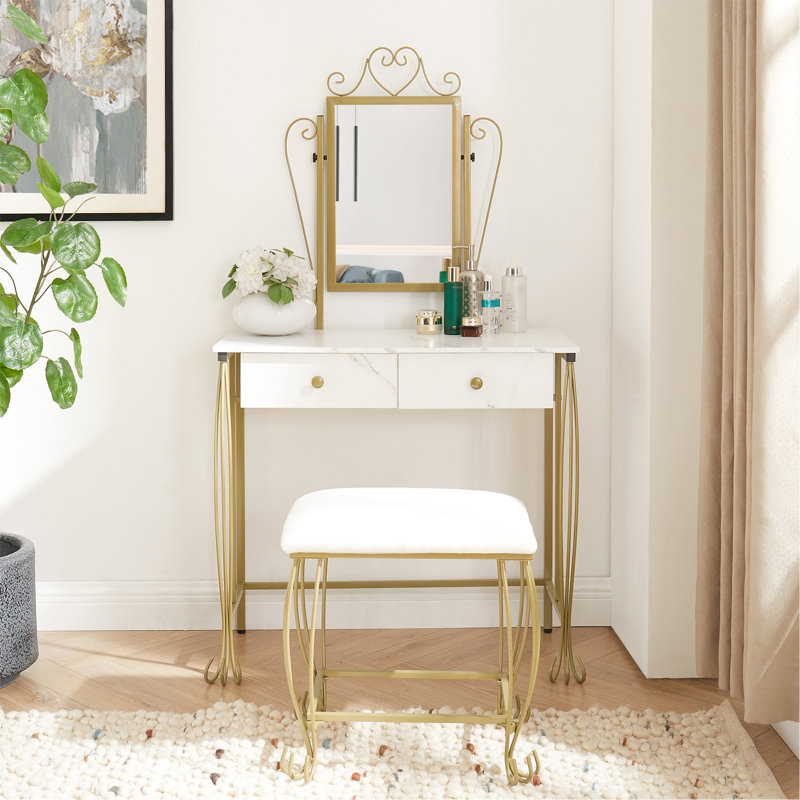 Elegant White and Gold Vanity Table Set with Bench